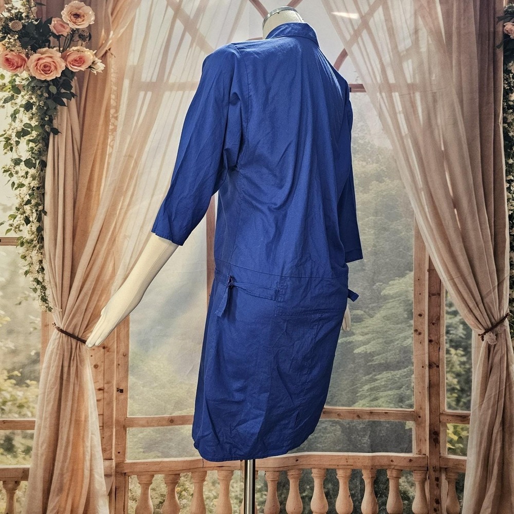 Vintage 1980s Dress Royal Blue Drop Waist Long Sleeve Button Down Collared - Picture 10 of 16